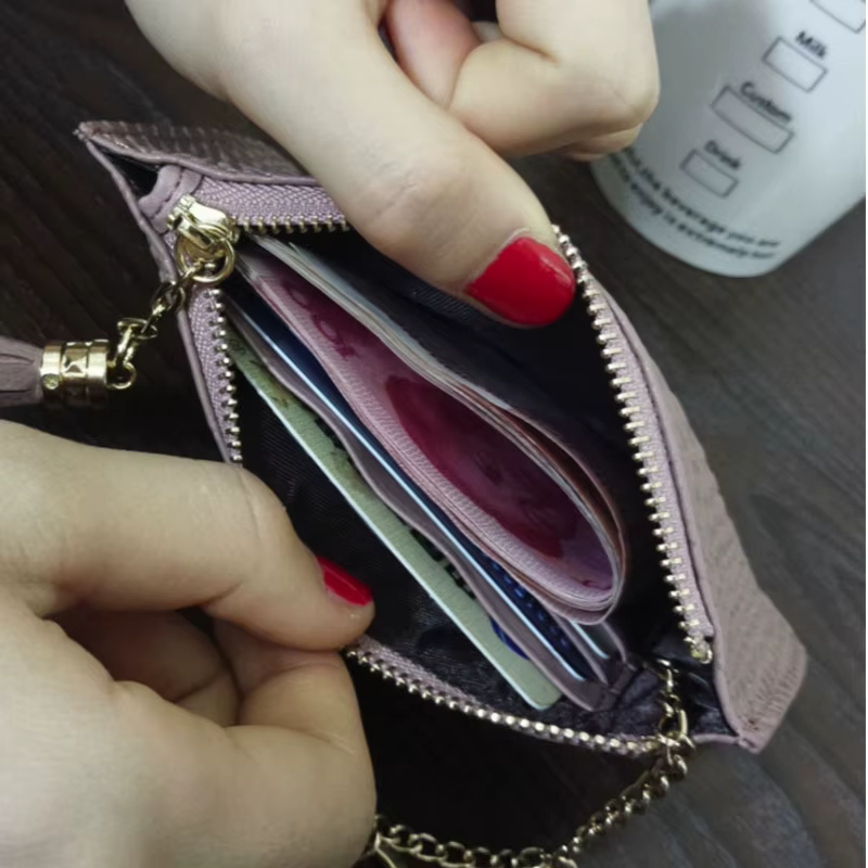 Mini porte-monnaie avec porte-cartes pour dames, sac à main en cuir véritable, motif salle, fermeture éclair courte, pochette mince avec porte-clés, mode
