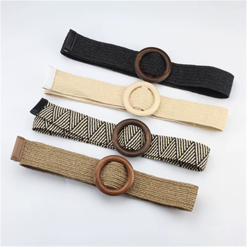 Ceinture tressée élastique bohème avec boucle en bois pour femmes