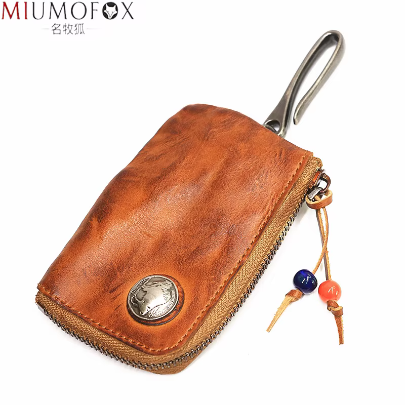 Porte-clés en cuir Original pour hommes, court, Vintage, fait à la main, fermeture éclair, porte-clé de voiture, porte-monnaie, étui pour cartes, organisateur de femme de ménage