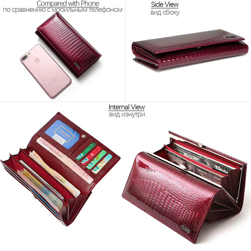 Portefeuille long en cuir véritable pour femme