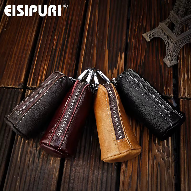 EISIPURI-Porte-clés en cuir véritable unisexe, porte-clés solide, étui multifonction avec porte-clés, portefeuille 2018, 100%