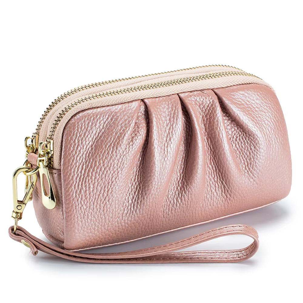 Nouveau 2025 polyvalent dame portefeuille contraste couleur porte-clés chaîne Style véritable couche supérieure en cuir de vache fermeture éclair pièces de monnaie poche sac à main