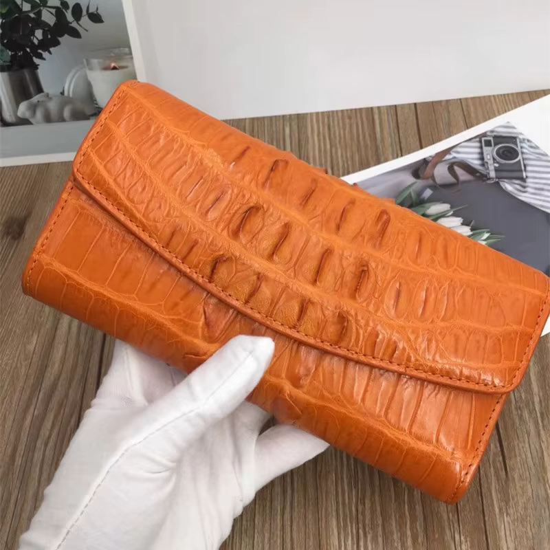 Portefeuille long pour femme en cuir de crocodile véritable