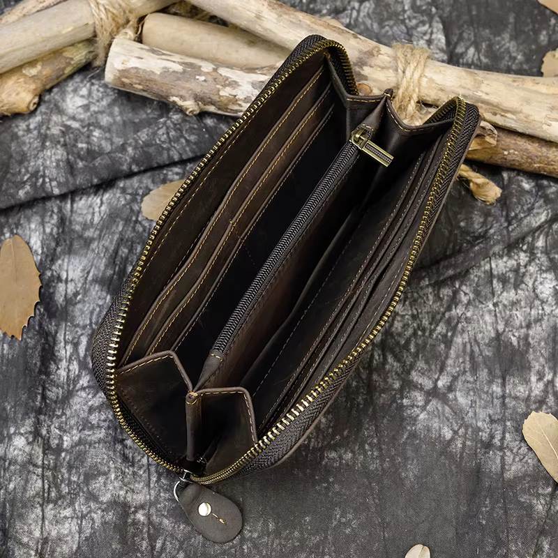 Luufan Crazy Horse portefeuille en cuir hommes pochette sac à main Double fermeture éclair 24 porte-cartes Vintage