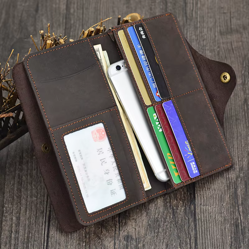 Portefeuille Long en Cuir de Cheval pour Homme, Pochette à Trois Volets, Marron, avec Poche pour Téléphone et Monnaie