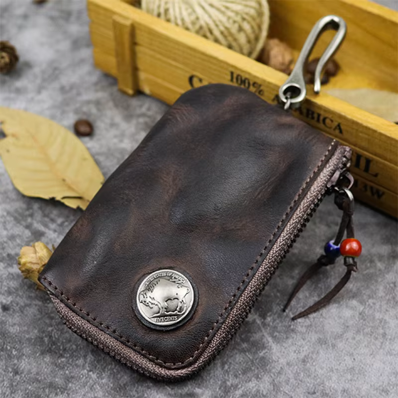 Porte-clés en cuir Original pour hommes, court, Vintage, fait à la main, fermeture éclair, porte-clé de voiture, porte-monnaie, étui pour cartes, organisateur de femme de ménage