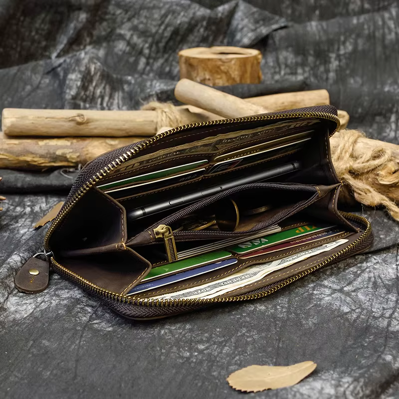Luufan Crazy Horse portefeuille en cuir hommes pochette sac à main Double fermeture éclair 24 porte-cartes Vintage