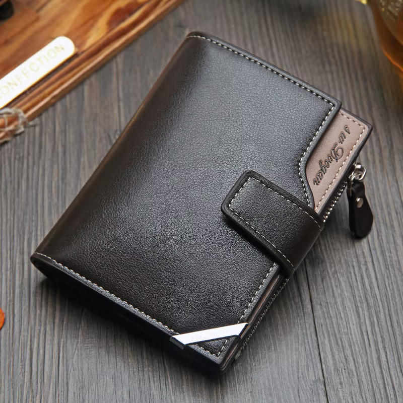 Aliwood-Portefeuille en cuir à moraillon court pour homme