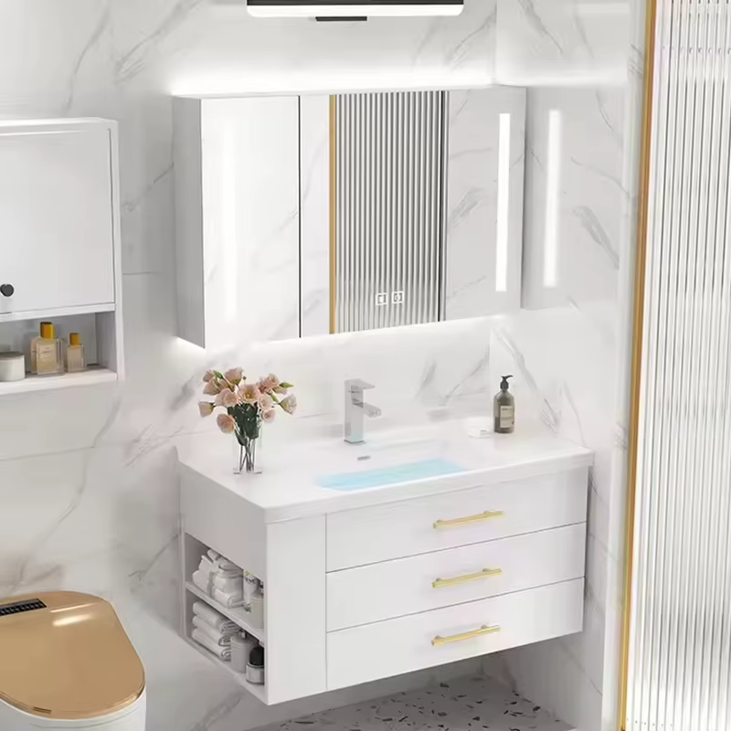 Armoire de rangement de salle de bain moderne, meuble de salle de bain en bois avec miroir, évier mural pour hôtel