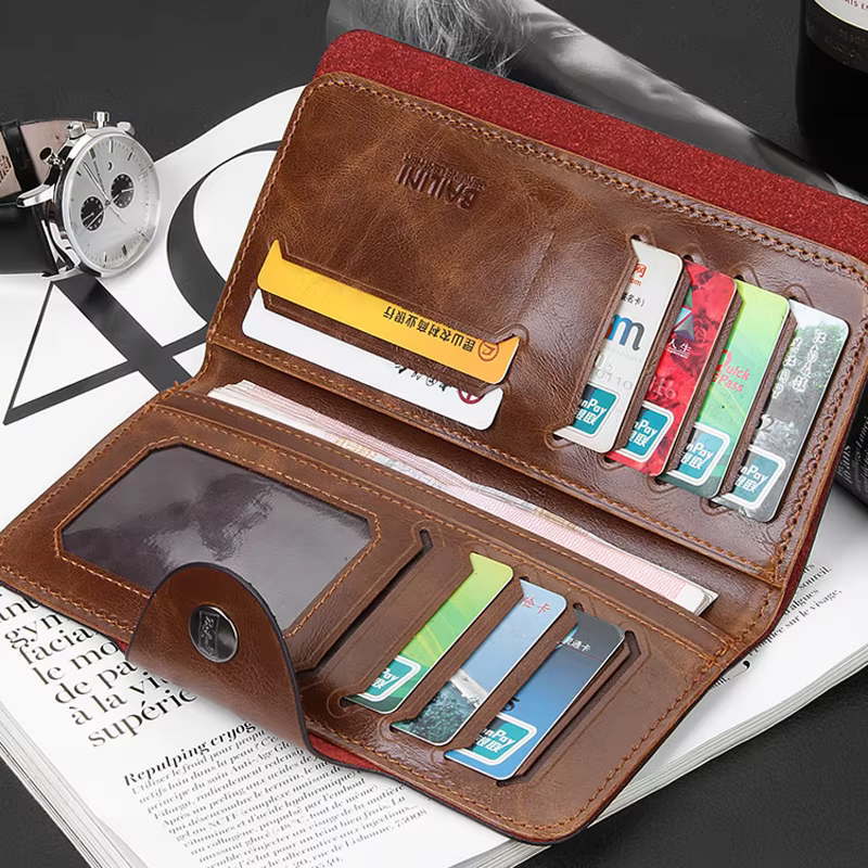 Portefeuille à trois volets en cuir pour hommes – Pochette à boucle magnétique avec porte-carte et porte-monnaie