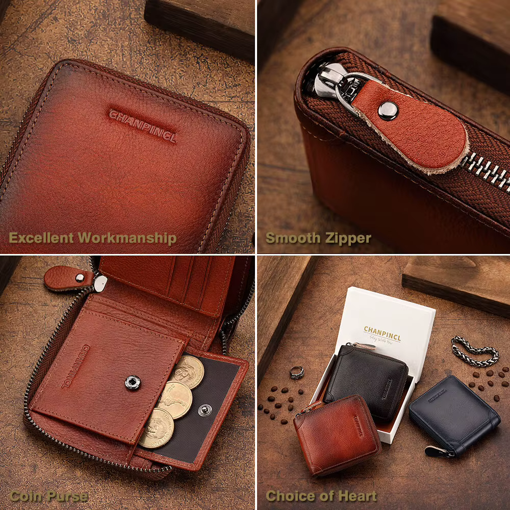 Portefeuille Homme à Zip Intégral en Cuir Italien Antique CHANPINCL – Poche à Monnaie