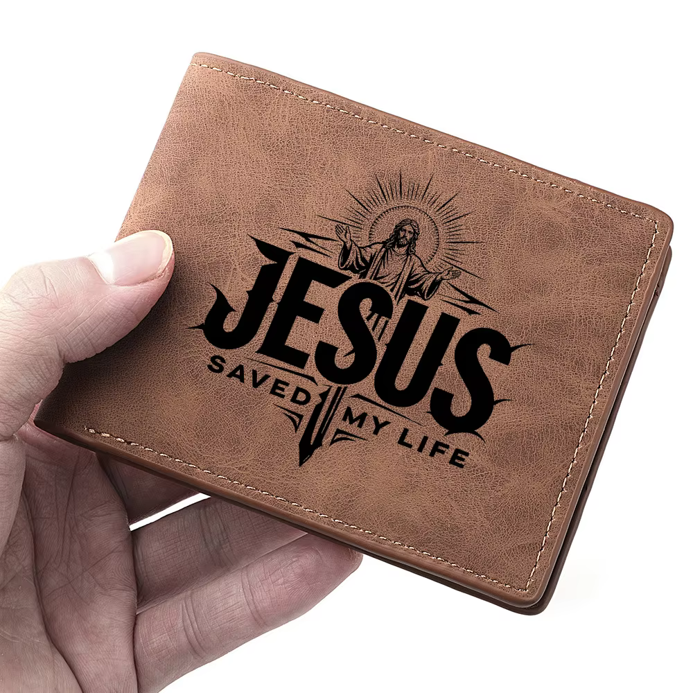 Portefeuille Bifold Vintage en Cuir PU pour Homme avec Imprimé Croix « Jésus m'a sauvé la vie »