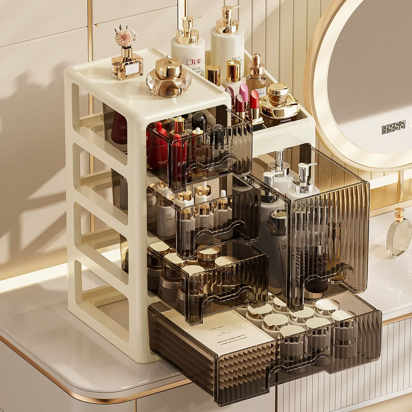 Boîte de rangement de cosmétiques de style tiroir, coiffeuse haut de gamme, rouge à lèvres, produits de soins de la peau, étagère à bijoux, boîte de rangement de bureau