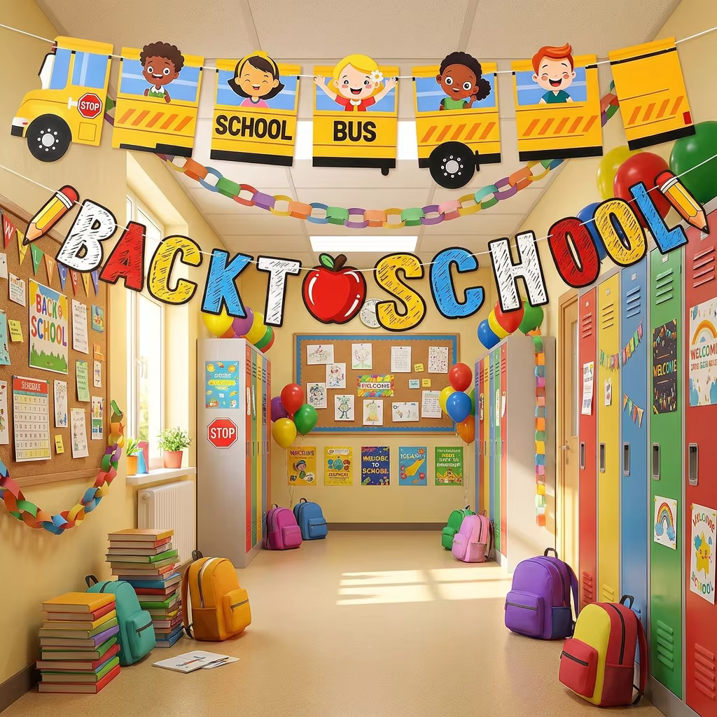 Décoration de classe pour la rentrée scolaire - Panneau « Premier jour d'école » avec bannière bus scolaire, crayon pomme, décoration de remise de diplôme de maternelle