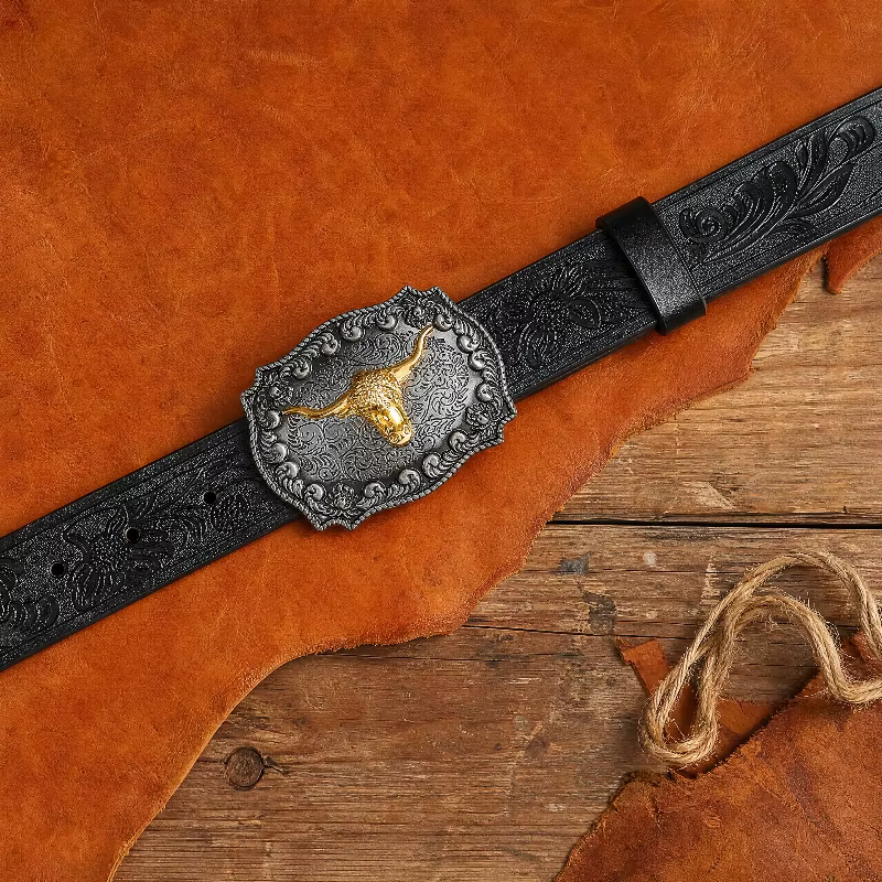 Ceinture de cowboy occidentale pour homme 2026 - Ceinture en PU noir élégante et stylée avec motif gaufré et boucle en alliage tendance