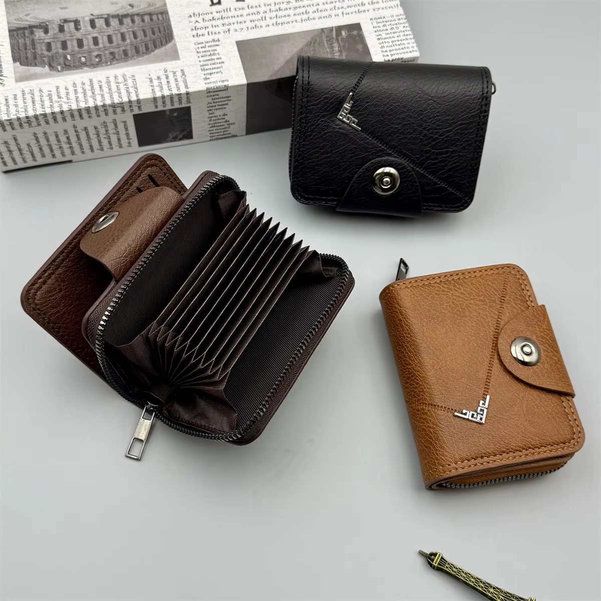 Porte-carte multi-fentes Vintage petit portefeuille femmes hommes affaires banque carte de crédit sac mâle pochette pour pièces de monnaie en cuir solide portefeuille à fermeture éclair