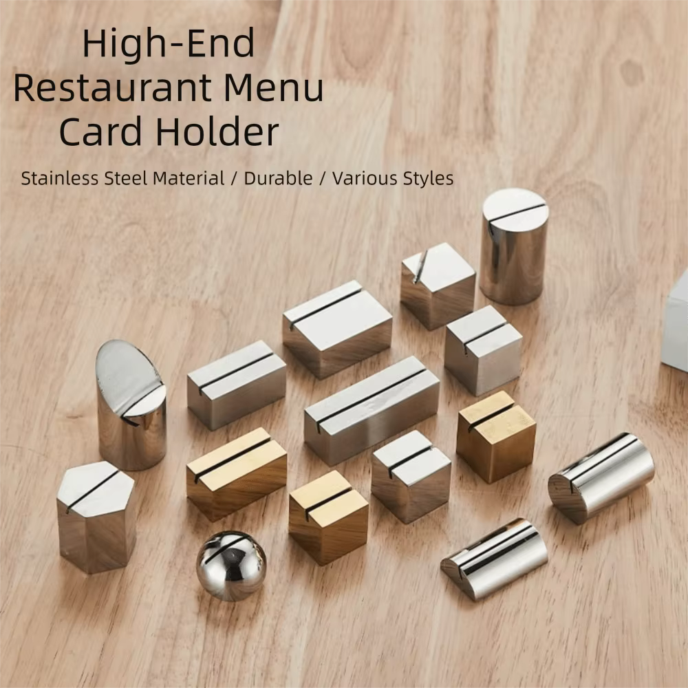 Porte-cartes de table en acier inoxydable durable, support photo de forme géométrique solide, pince stable pour menu, idéal pour hôtel