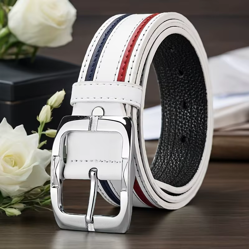 Ceinture pour homme en PU blanc avec design rayé rouge et bleu