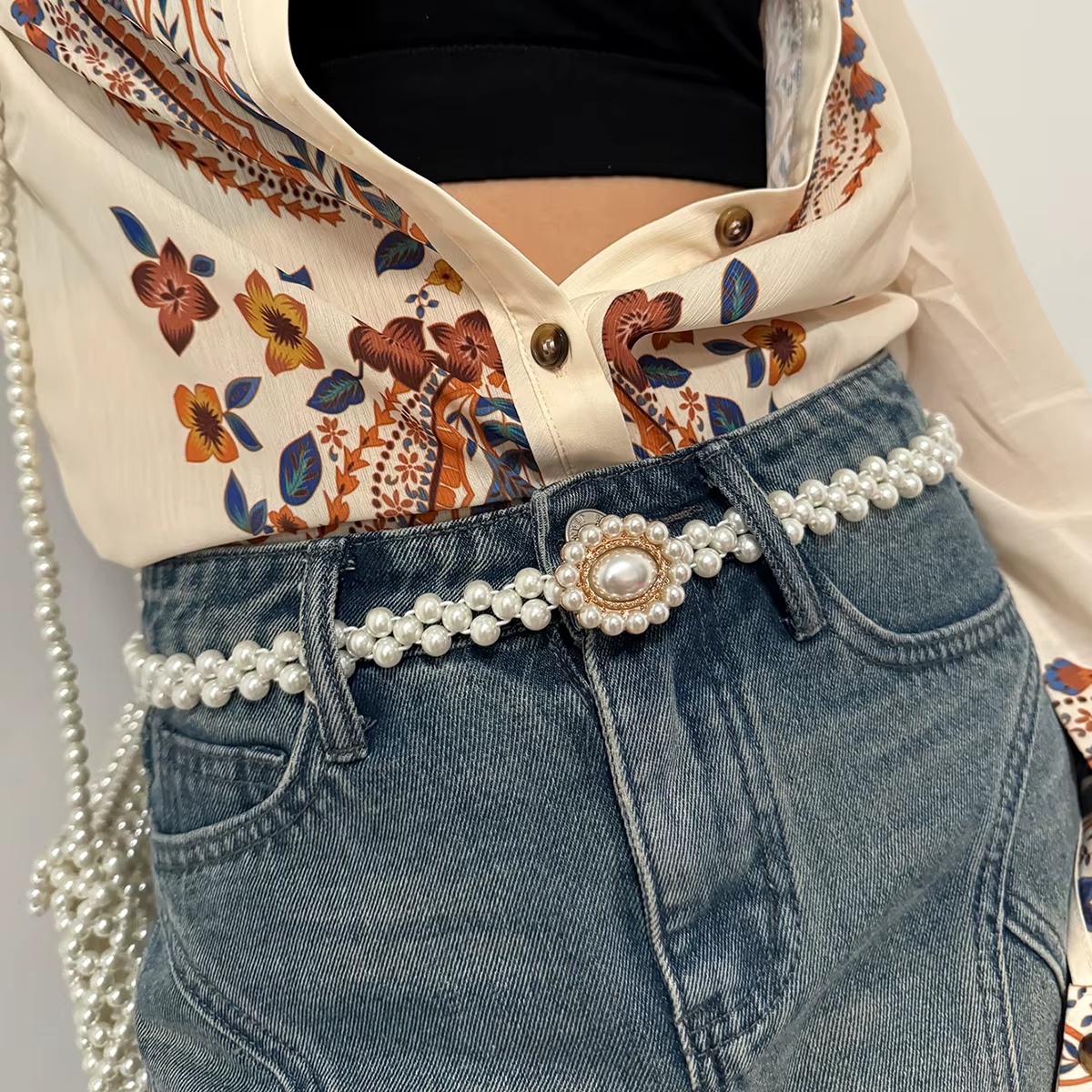 Ceinture élastique élégante pour femme avec incrustation d'agate et fausses perles