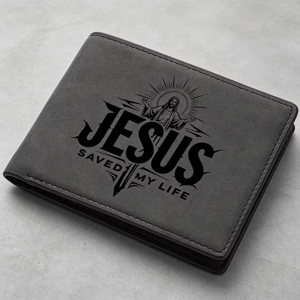 Portefeuille Bifold Vintage en Cuir PU pour Homme avec Imprimé Croix « Jésus m'a sauvé la vie »