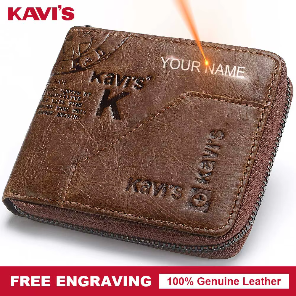 KAVIS portefeuille décontracté RFID bloquant mince porte-carte pour hommes en cuir véritable étui pour carte bancaire de crédit court mâle fermeture éclair autour du sac d'argent