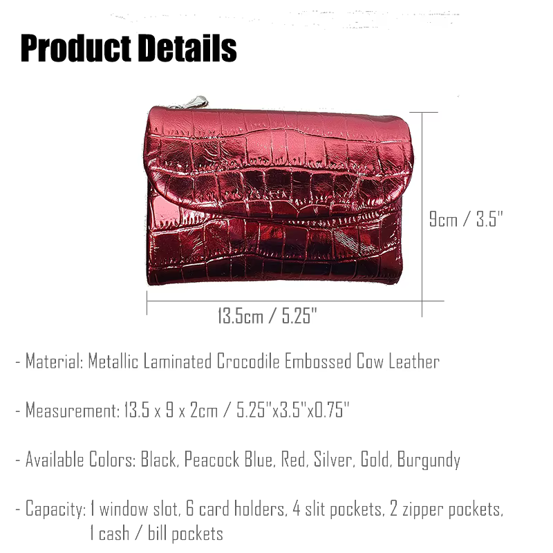 Portefeuille court motif Crocodile métallique pour femmes