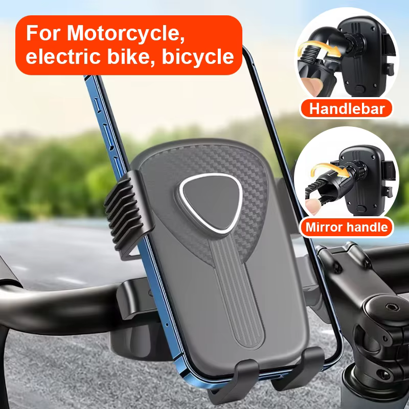 Support de téléphone pour moto, avec système de fixation par pression et orientation réglable, adapté aux vélos électriques et aux vélos.