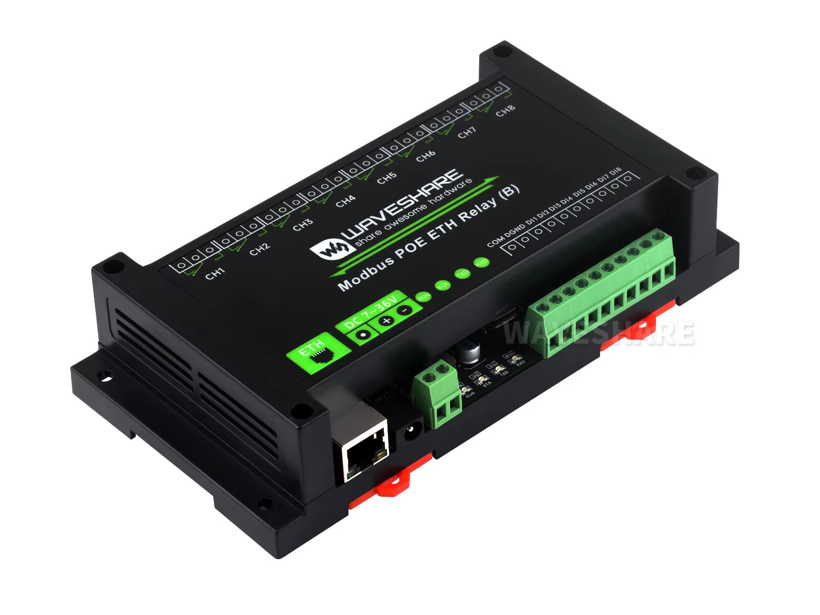 Waveshare PoE Port 7 V ~ 36 V Module de relais Ethernet POE 8 canaux avec entrée numérique, ProProtocol Modbus RTU/TCP