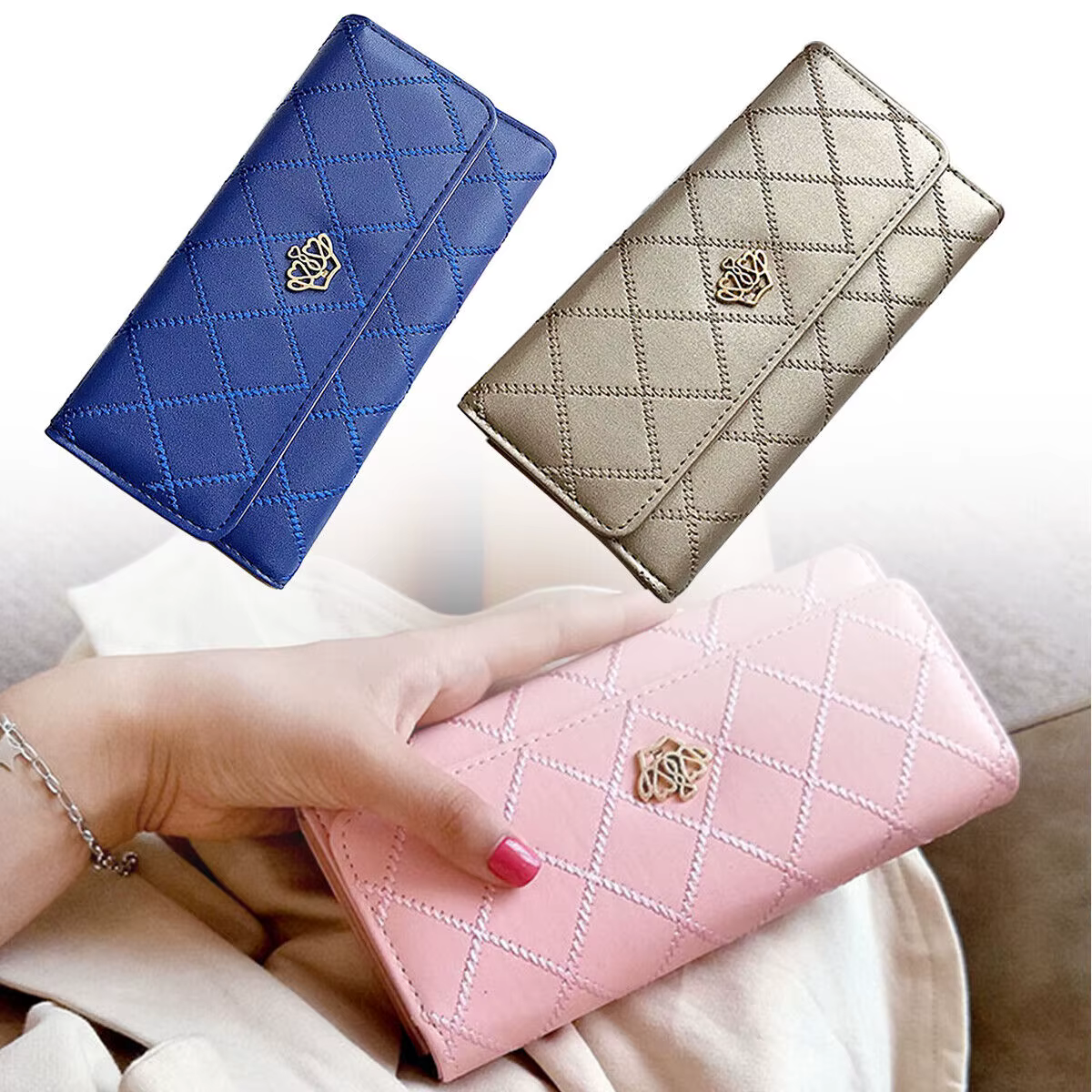 Portefeuilles longs noirs pour femmes en cuir PU, motif diamant, porte-cartes, boucle couronne, sac de téléphone pour dames, pochette de mode