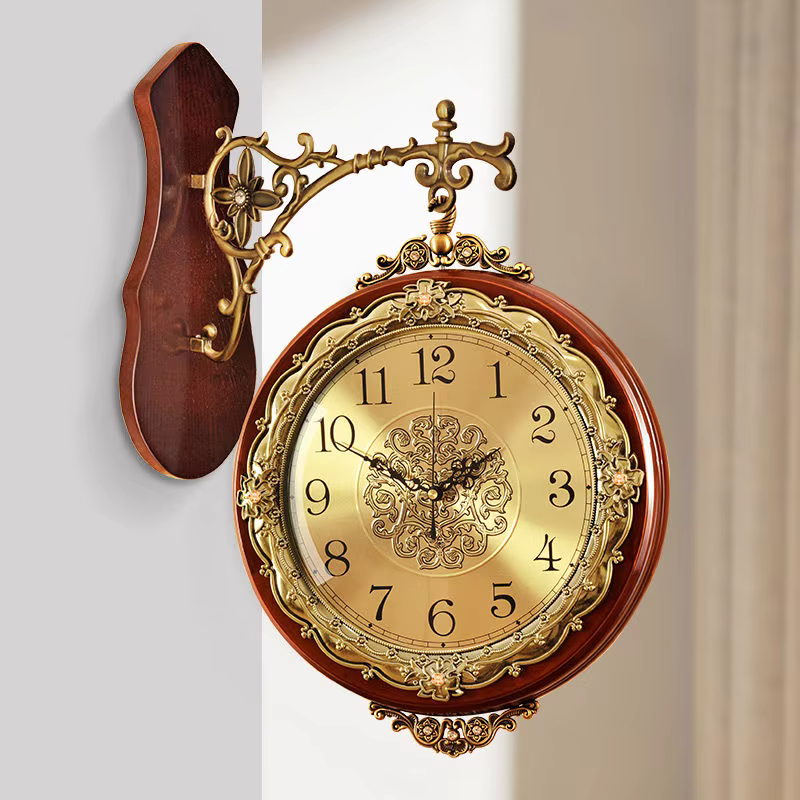 Horloge murale en bois Double face pour salon, décoration de chambre Vintage, montre murale de luxe, décoration silencieuse pour Hall d'entrée