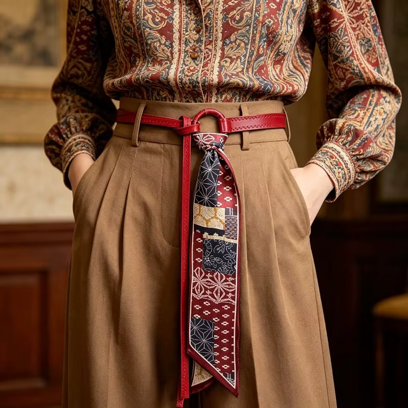 Ceinture de taille pour femmes en cuir PU rétro, style punk et bohème Y2K, avec foulard en soie, tendance, décorative pour jeans et robes