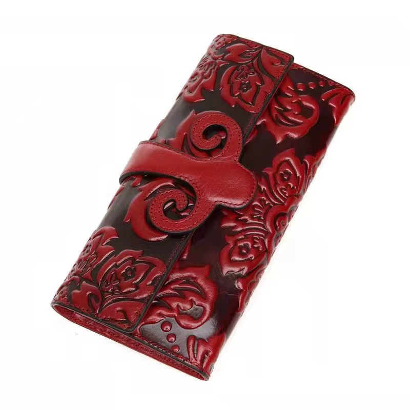 Portefeuille floral en cuir véritable pour femme