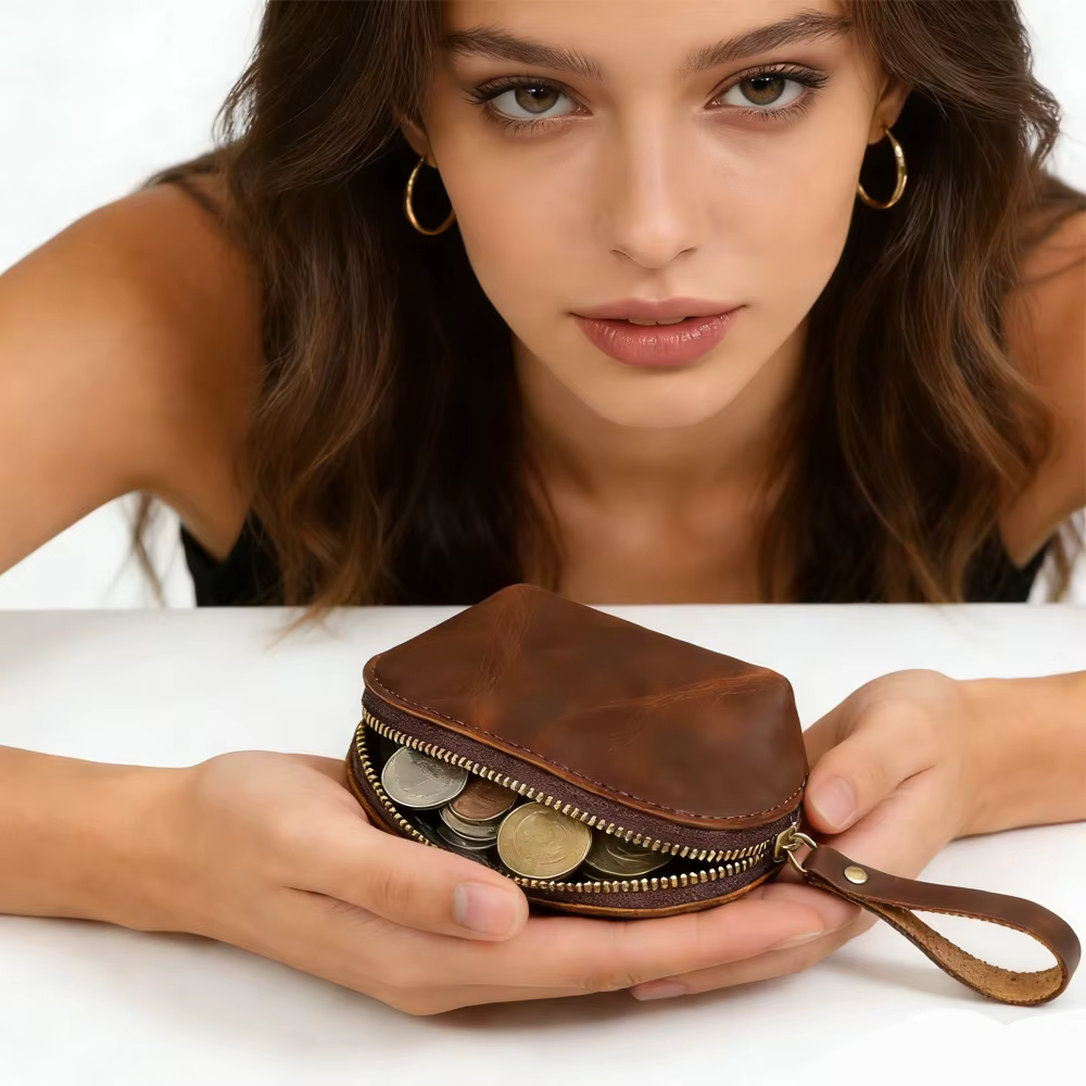 Porte-monnaie en cuir véritable - Mini portefeuille compact pour pièces de monnaie