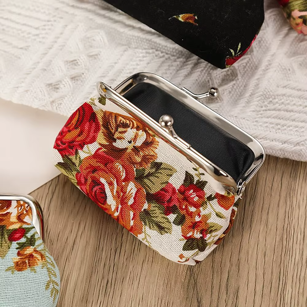 Porte-monnaie vintage à motif floral avec fermoir en métal
