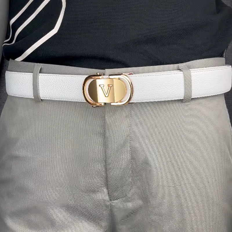 Ceinture en cuir pour hommes, boucle automatique bleue, plus de couleurs réglables, en cuir véritable blanc, ceinture en cuir de vache pour hommes, largeur lettre V