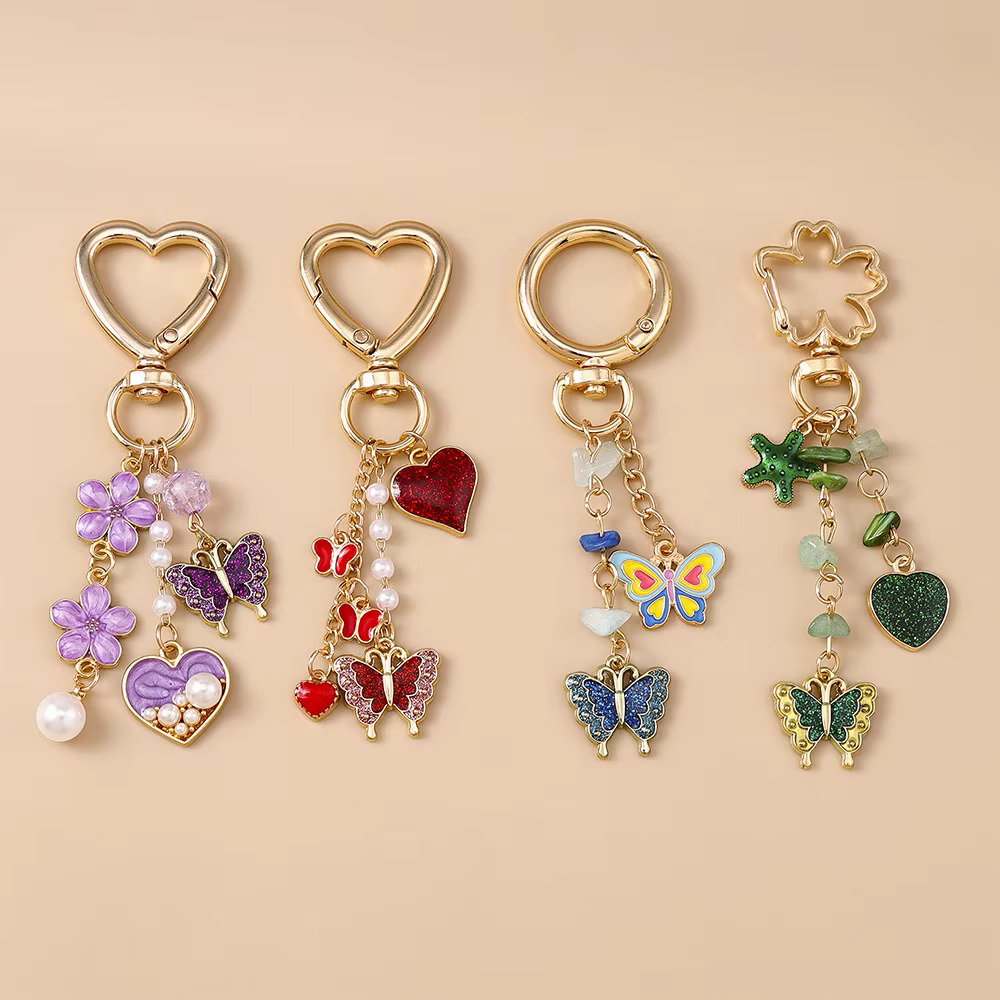 Porte-clés papillon en émail pour femmes et filles, mignon, cœur d'amour, pendentifs, décor de sac à main, bijoux faits à la main, cadeaux