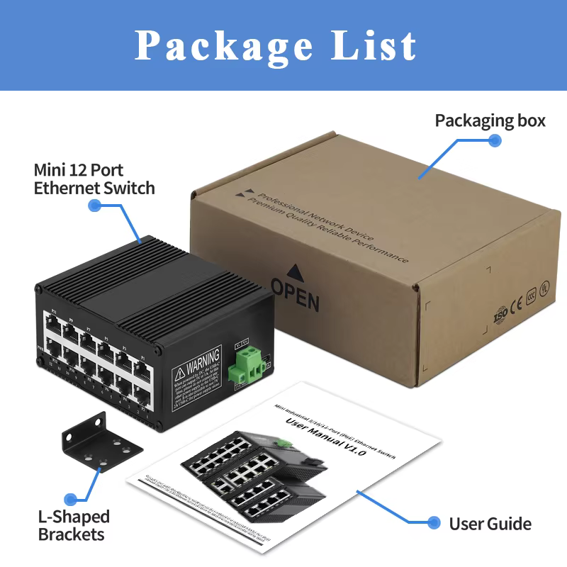 Commutateur Ethernet industriel à 12 ports, commutateur réseau PoE Gigabit monté sur rail DIN, non géré, 1000m, RJ45, IEEE 802 PG/at/bt