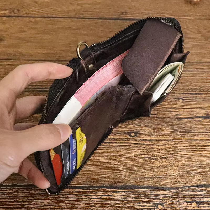 Portefeuille court vintage pour homme simple en cuir véritable doux avec fermeture éclair multi-fonctions porte-monnaie pour homme en cuir de vachette naturel petit sac d'argent avec poche à moraillon