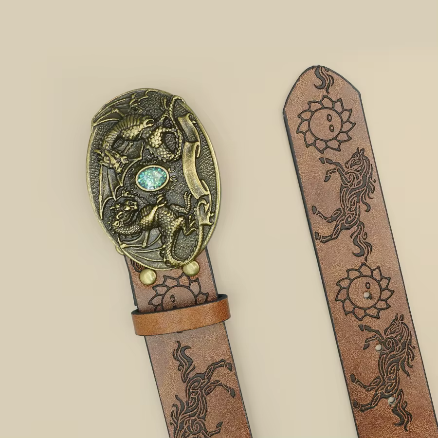 Ceinture décontractée marron de style européen avec motif de dragon rétro sculpté et boucle incrustée de pierres
