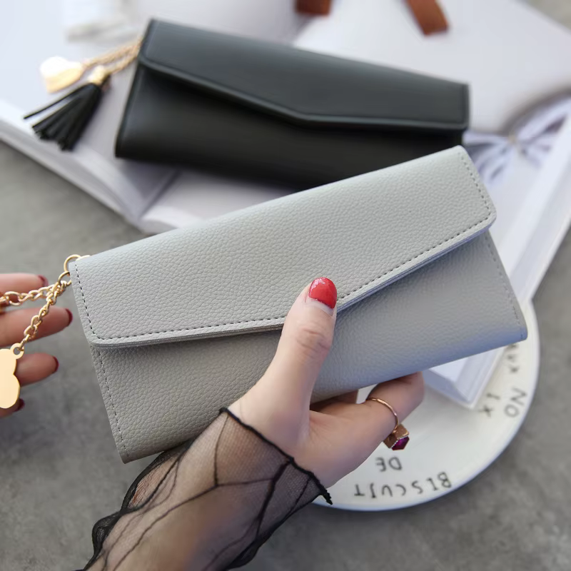 Portefeuille long élégant pour femme en cuir PU souple avec fermeture éclair simple – Noir
