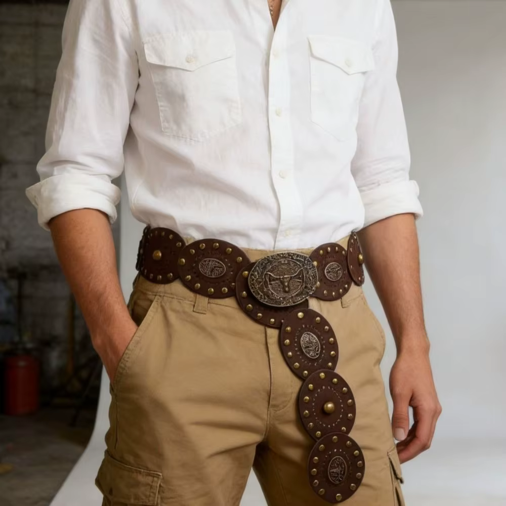 Ceinture large style bohème western avec boucle tête de bovin et rivets décoratifs, ceinture de cowboy en cuir PU avec boucle massive en laiton antique, idéale pour les soirées.