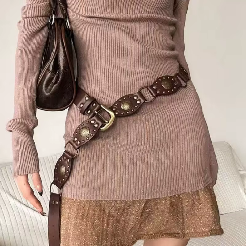 Mirad rétro Rivet femmes ceinture polyvalent Style ethnique robe pantalon