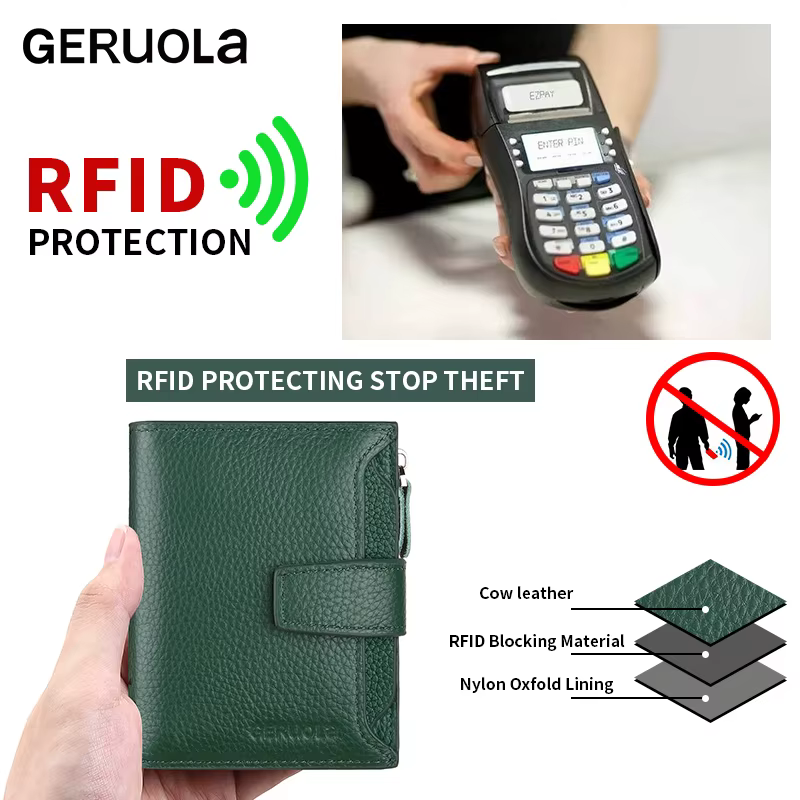 Brosse antivol RFID, nouveau portefeuille trois fois multi-pli en cuir de vache véritable