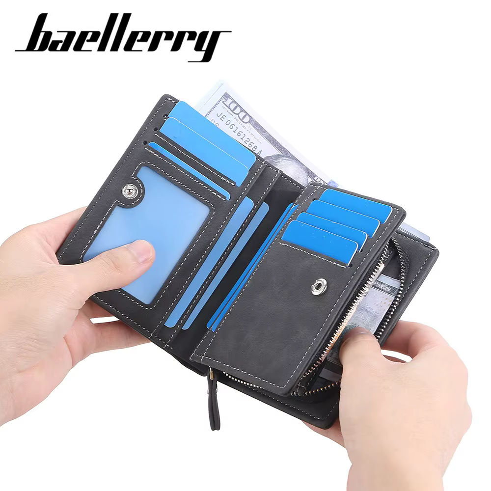 Portefeuille de poche avant pour hommes mince en cuir PU fermeture à glissière Protection RFID 10 emplacements pour cartes minimaliste