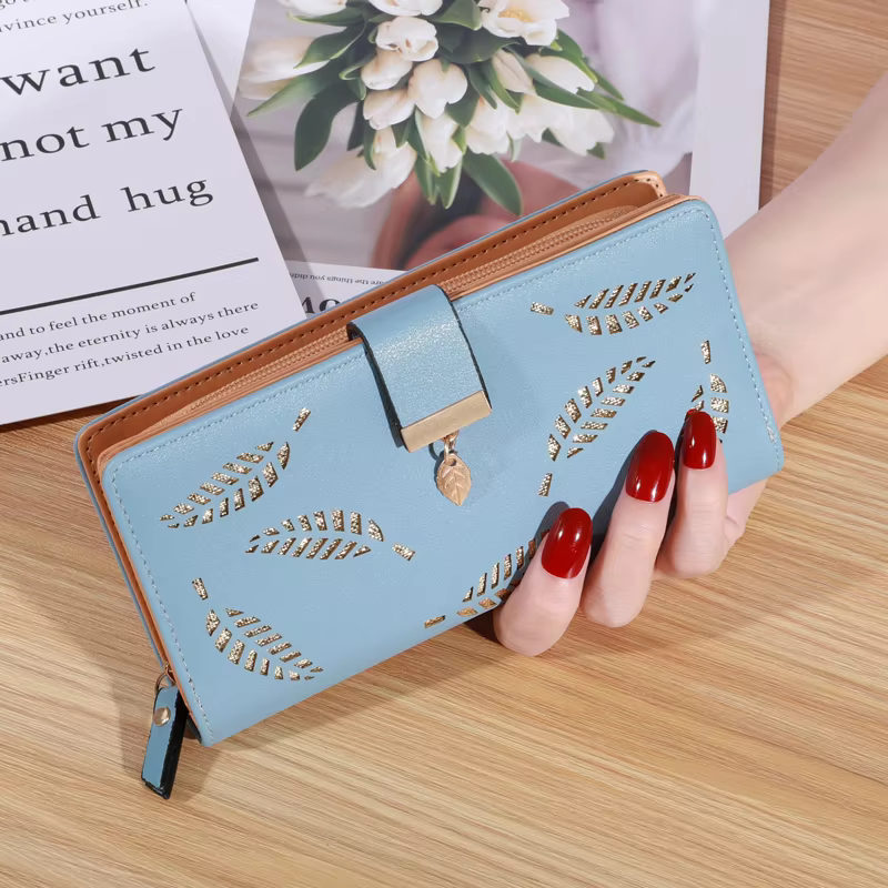 Portefeuille long en cuir PU pour femme, motif feuilles dorées ajourées, pochette, sac à main, porte-monnaie, porte-cartes, pochette de soirée