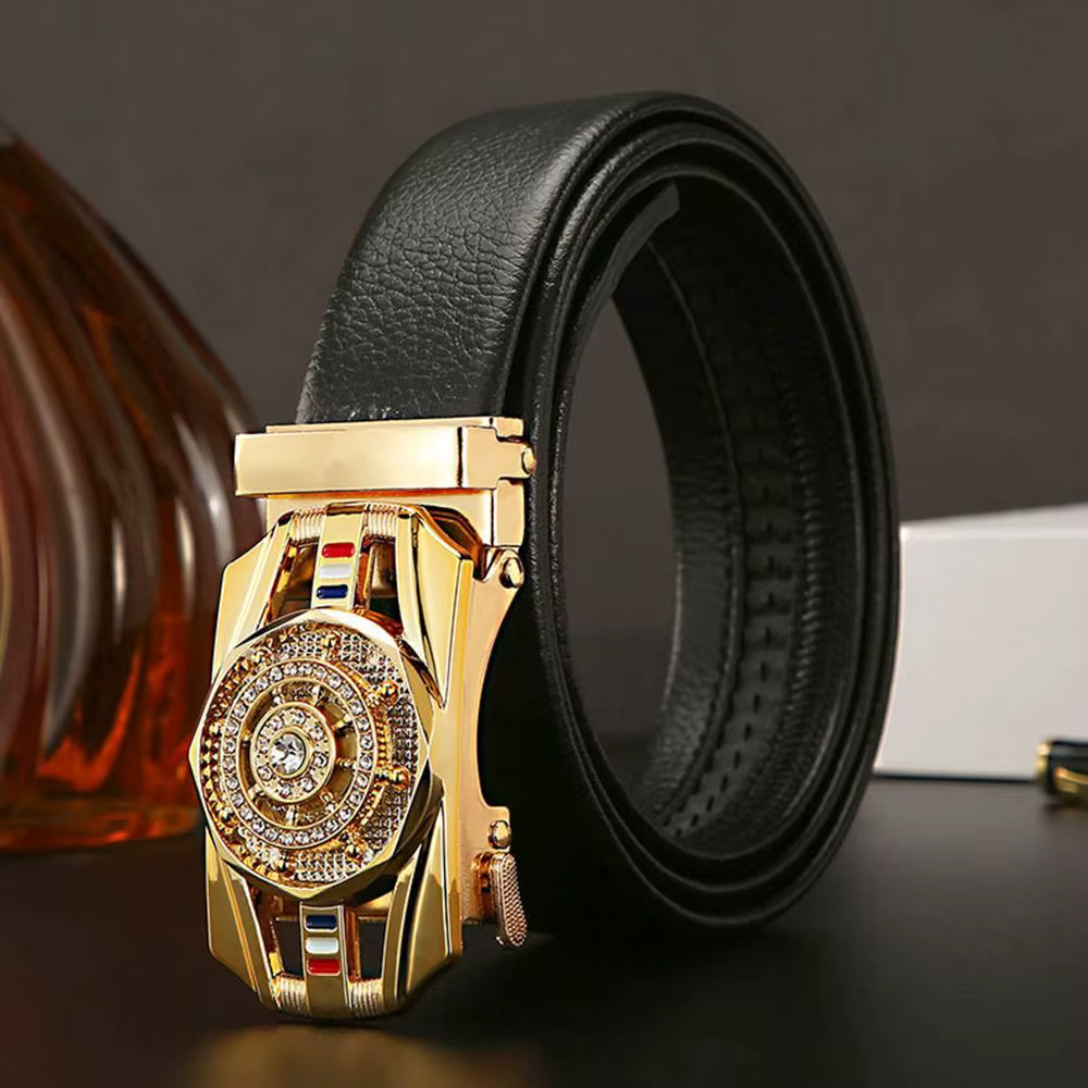 Ceinture en cuir à boucle automatique pour hommes, heure d'affaires pour courir, boucle de taille dorée, ceinture de luxe, décoration en strass