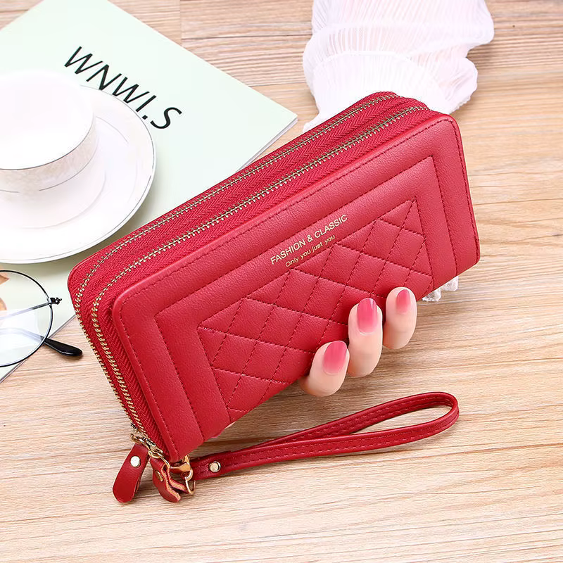 Portefeuille long en cuir PU pour femme – Pochette de luxe à double fermeture éclair avec grande capacité