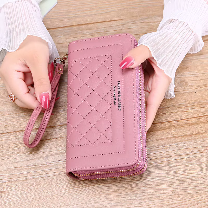 Portefeuille long en cuir PU pour femme – Pochette de luxe à double fermeture éclair avec grande capacité