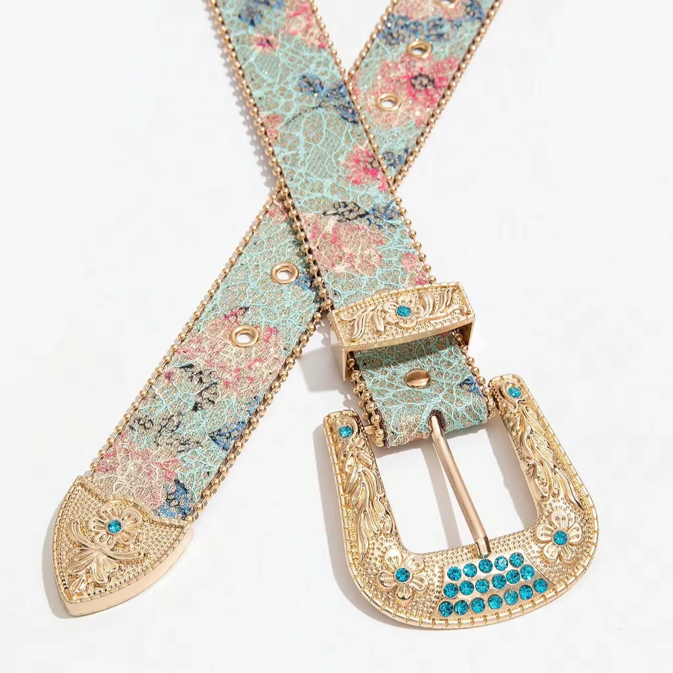 Ceinture imprimée brodée de style royal rétro pour femmes, ceinture décorative pour jupe en jean avec boucle sculptée, adaptée aux rassemblements décontractés, 1 pièce