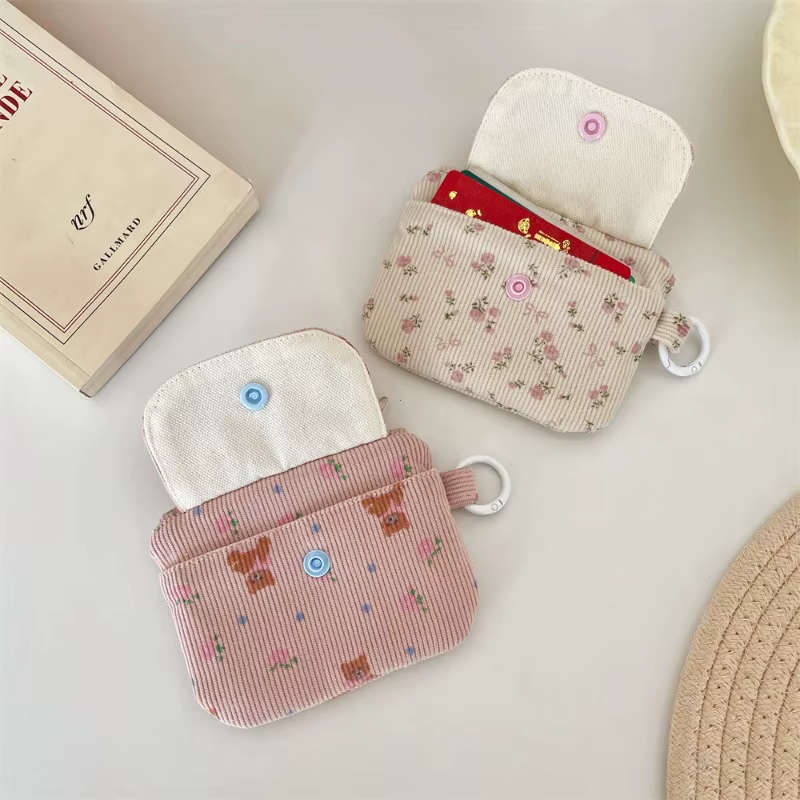 Sac à cartes imprimé en velours côtelé, porte-monnaie à fermeture éclair avec porte-clés, mignon pour enfants, petit portefeuille à fermeture éclair, porte-carte de crédit, sac d'identité